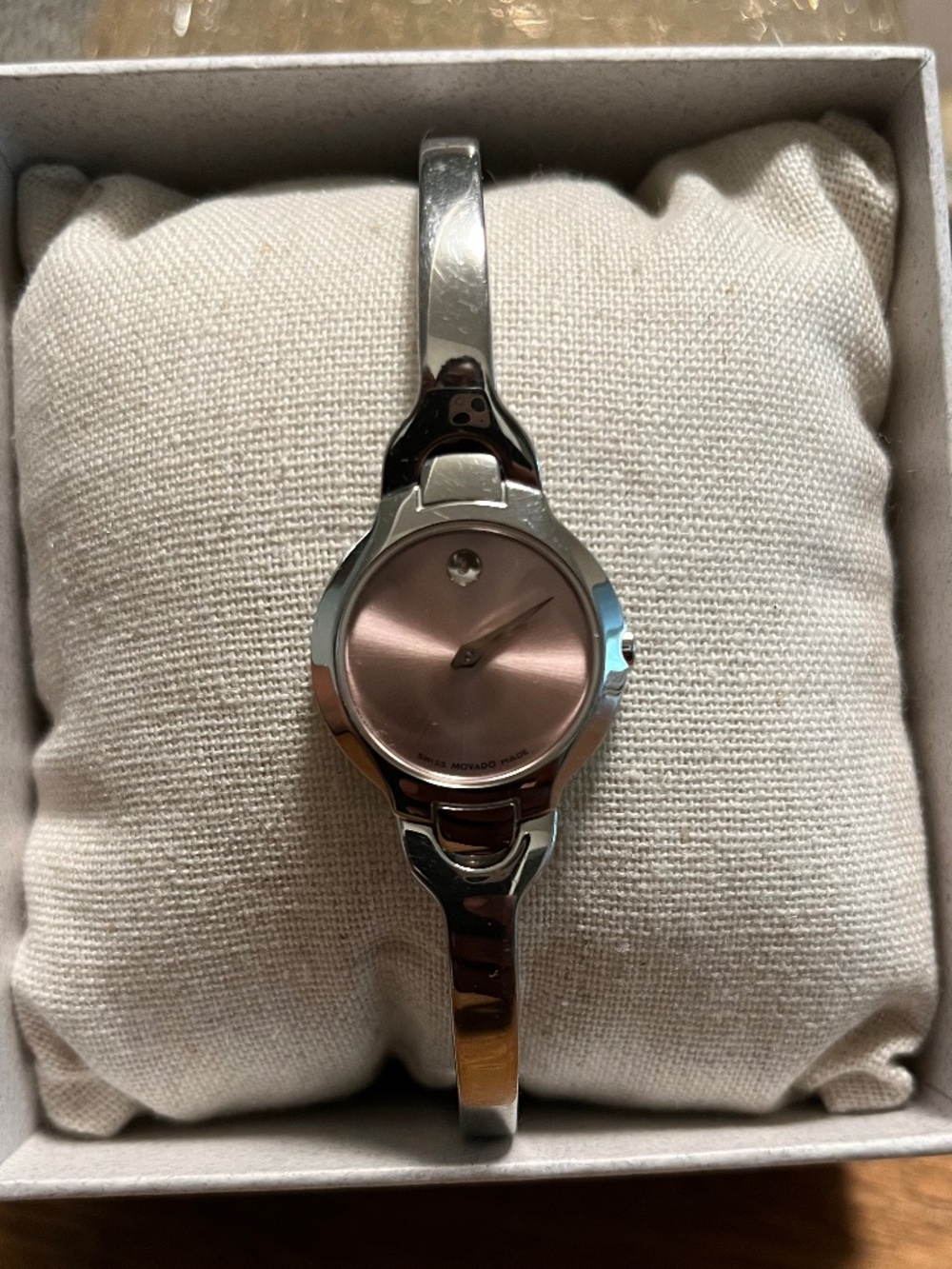 Movado pink face w/ sapphire crystal ladies watch